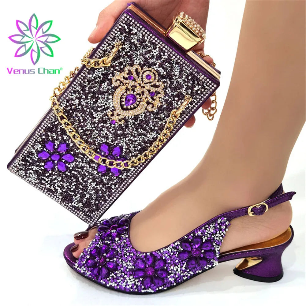 Maxy Design Shoes with Matching Bags for Wedding High Heels Women Wedding Shoes Decorated with Rhinestone Shoe and Purse Set