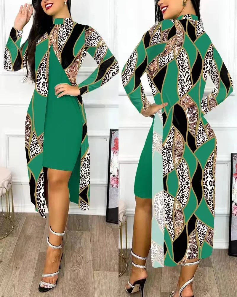 Maxy Two Piece Set Women Print Dresses Sets Full Sleeve Half High Collar Split Cardigan Dress Suits Elegant A Line Office Lady