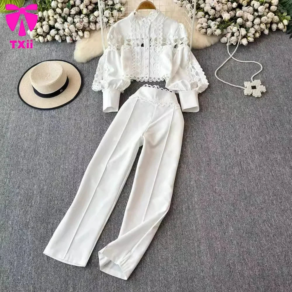 Maxy Vintage court style lantern long sleeve stand collar hollow lace top two-piece high waist temperament professional cropped pants