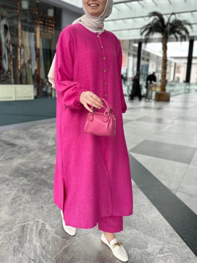 Maxy Muslim Dress for Women Blouse 2 Piece Set Long Sleeve Abaya Shirt Wide Leg Pant Suits Arabic Dubai Dresses Musulman Ensembles