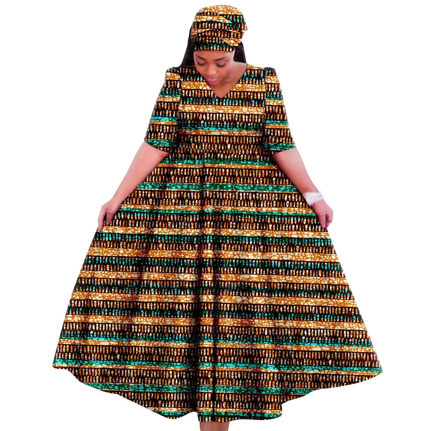Maxy Church Dresses for Woman Traditional Party Gown V Neck Maxy Dress with Free Turban Wedding Africa Turkey Style 2425083