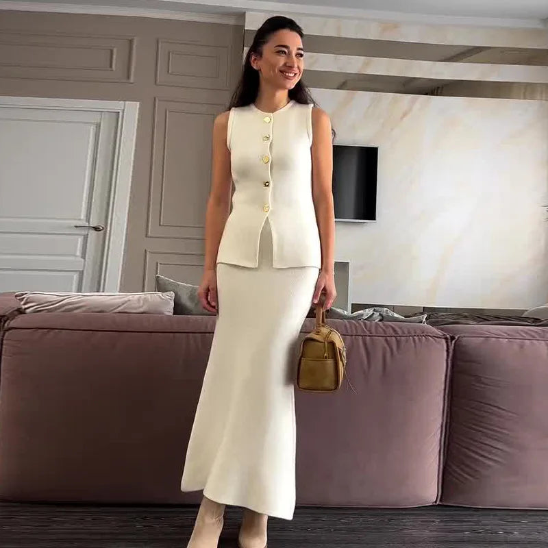 Maxy Skirt Set Women Two Piece Sets Round Neck Sleeveless Dress Sets Slim Fit Matching Sets Tops Mid Length Skirts Y2k Elegant
