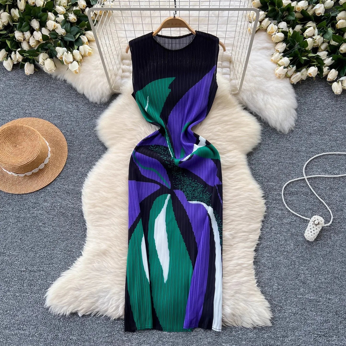 Maxy Summer Holiday Floral Print Miyake Long Pleated Dress Women Clothing Sleeveless High Stretch Straight Draped Loose Robe