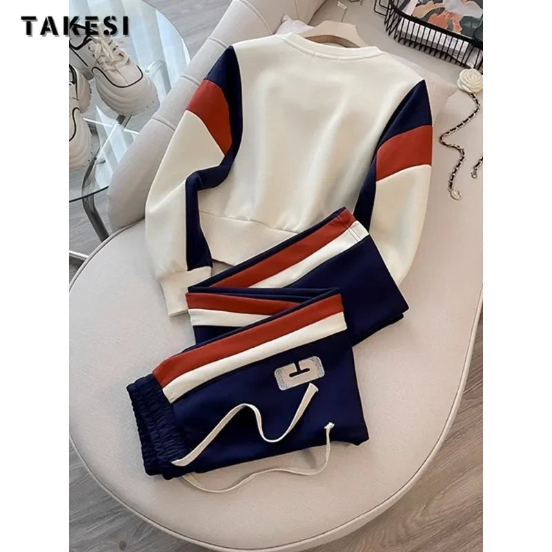 Maxy Fashion Casual Sporty Two-piece Set Women Letter Print O-neck Sweatshirt + Drawstring Trousers Sets Sports Pants Suits
