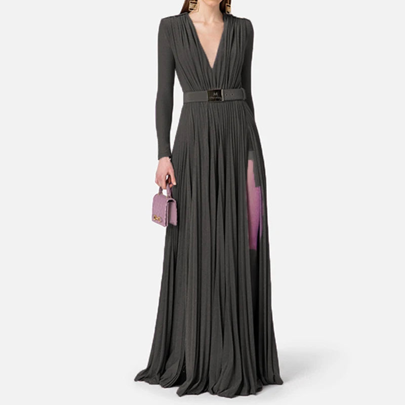 Maxy Women Fashion High Waist Slim Solid Long Dress Elegant Long Sleeve Party Dress Sexy Deep V-neck Draped Solid Evening Dress