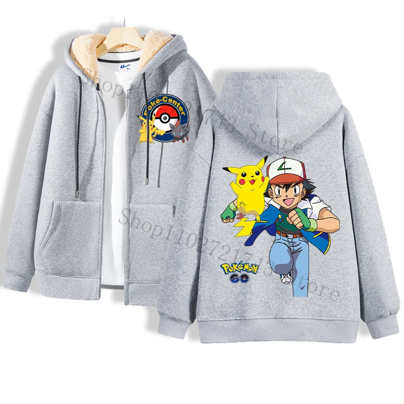 Maxy Pokémon Lamb Wool Coat for Men Women Pikachu Anime Cartoon Fashion Zipper Hooded Jacket Boys Girls Winter Warm Hip Hop Coats