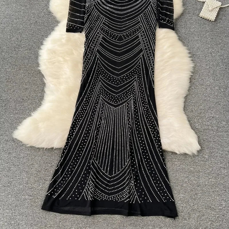 Amay Chic Elegant Long Sleeve Stand Collar Rhinestone Mesh Hollow Out Dresses High Waist Evening Party Women Autumn Ceremonial Dress