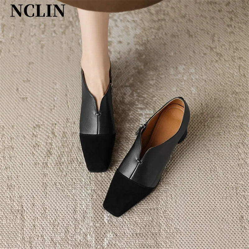 Maxy Autumn Genuine Leather Loafers French Square Toe Chunky Heel High Heels Winter Women Pumps Shoes For Women Zaptos Mujer