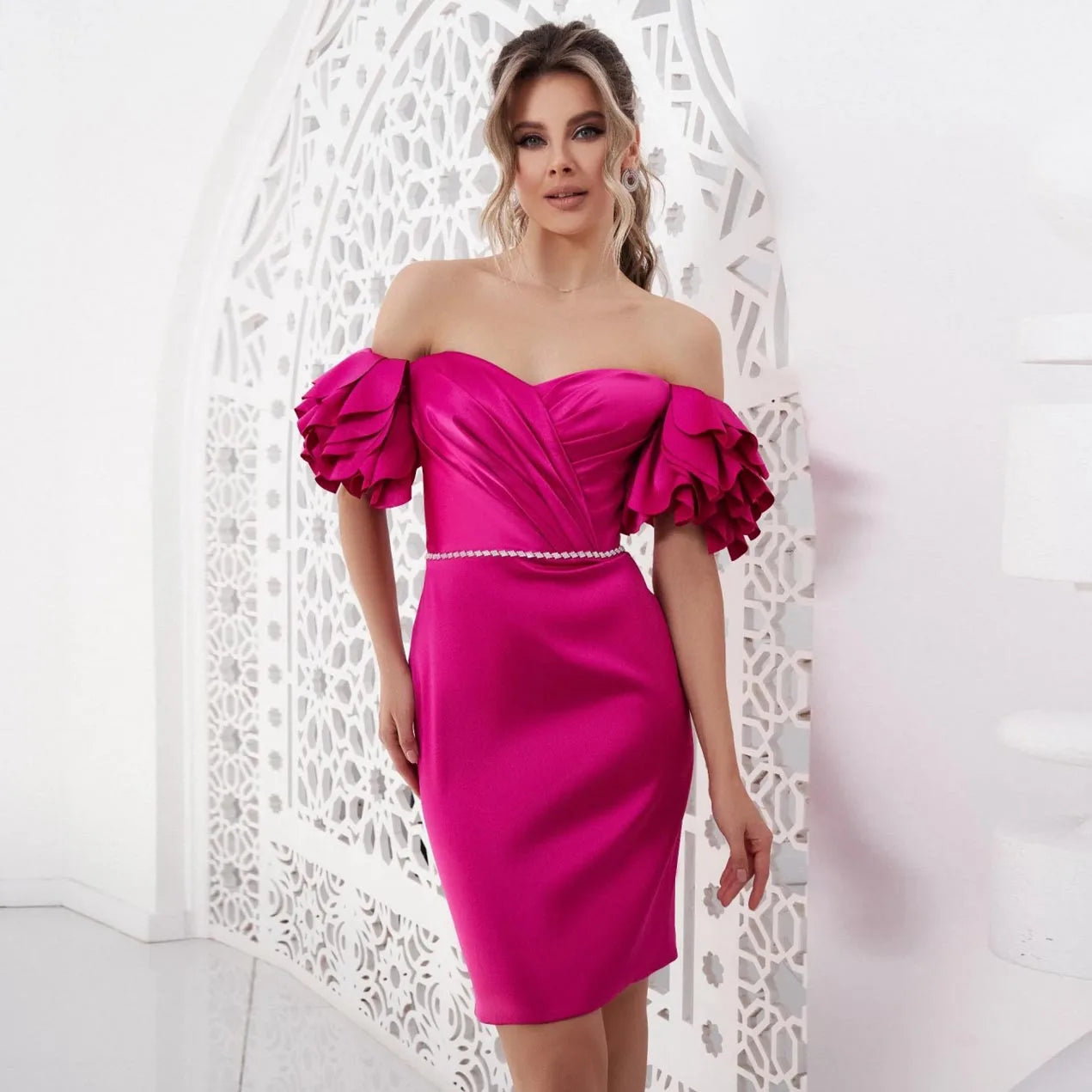 Gracy Hot Pink Office Ladies Dress Off Shoulder Ruffled Midi Length Satin Dresses With Zipper Custom Made Color Party Gown