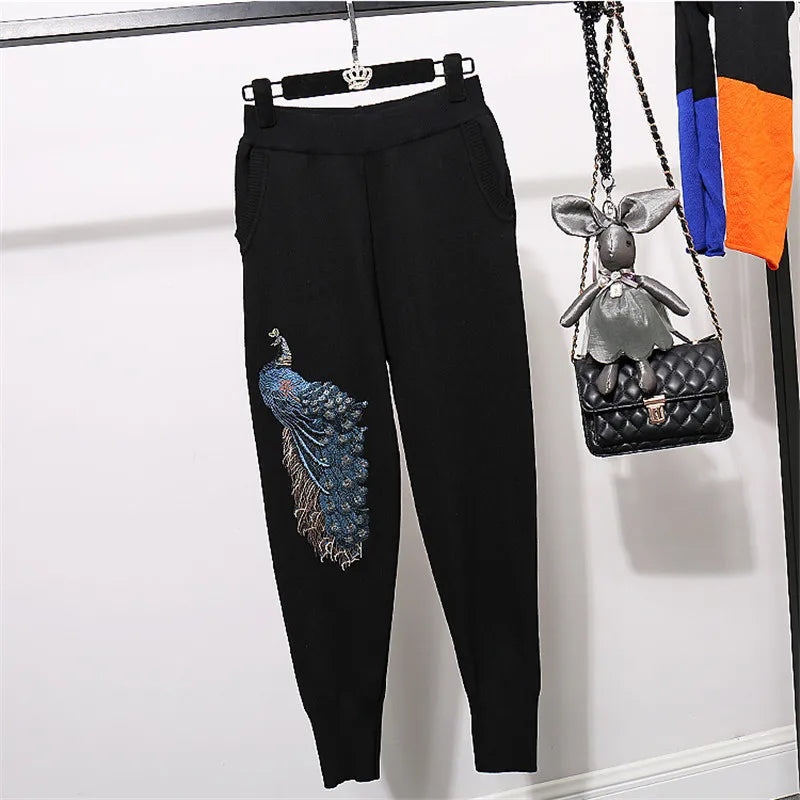 Maxy Casual Tracksuit Knitted Set Women Sequins Phoenix Pattern Sweater Long Pants Two Piece Set Female Loose Black Knitting Outfits