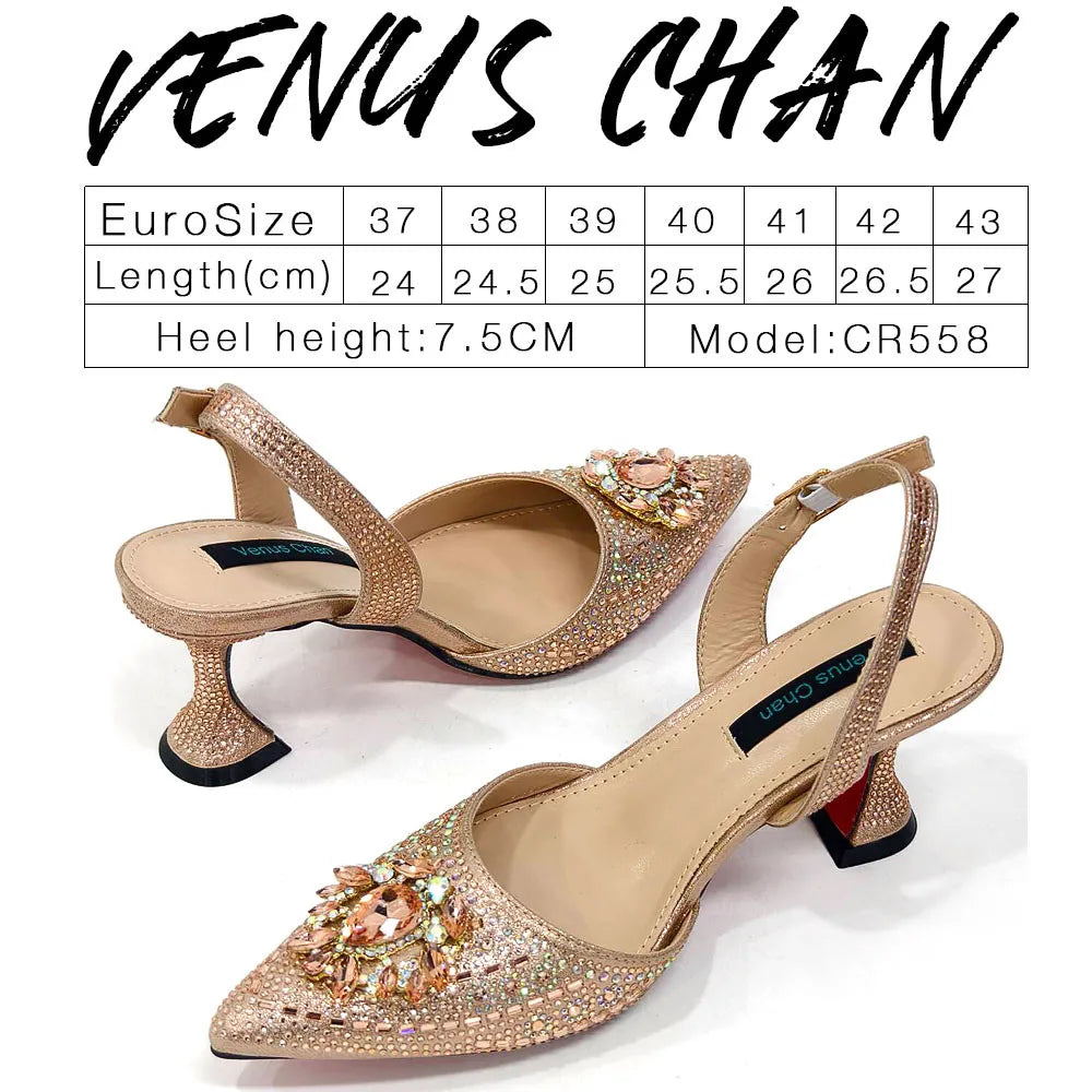 Maxy New Design Faux Champagne Texture Shoes and Bags Rhinestones Embellished Pointed Toe High Heels Fine Handbags