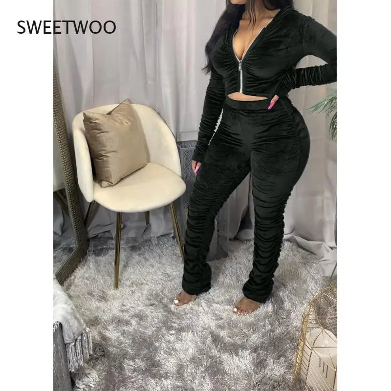 Maxy Autumn Winter Velvet Tracksuit Two Piece Set for Women Matching Sets Ruched Hoodies Jacket Stacked Pants Joggers Sweat Suits