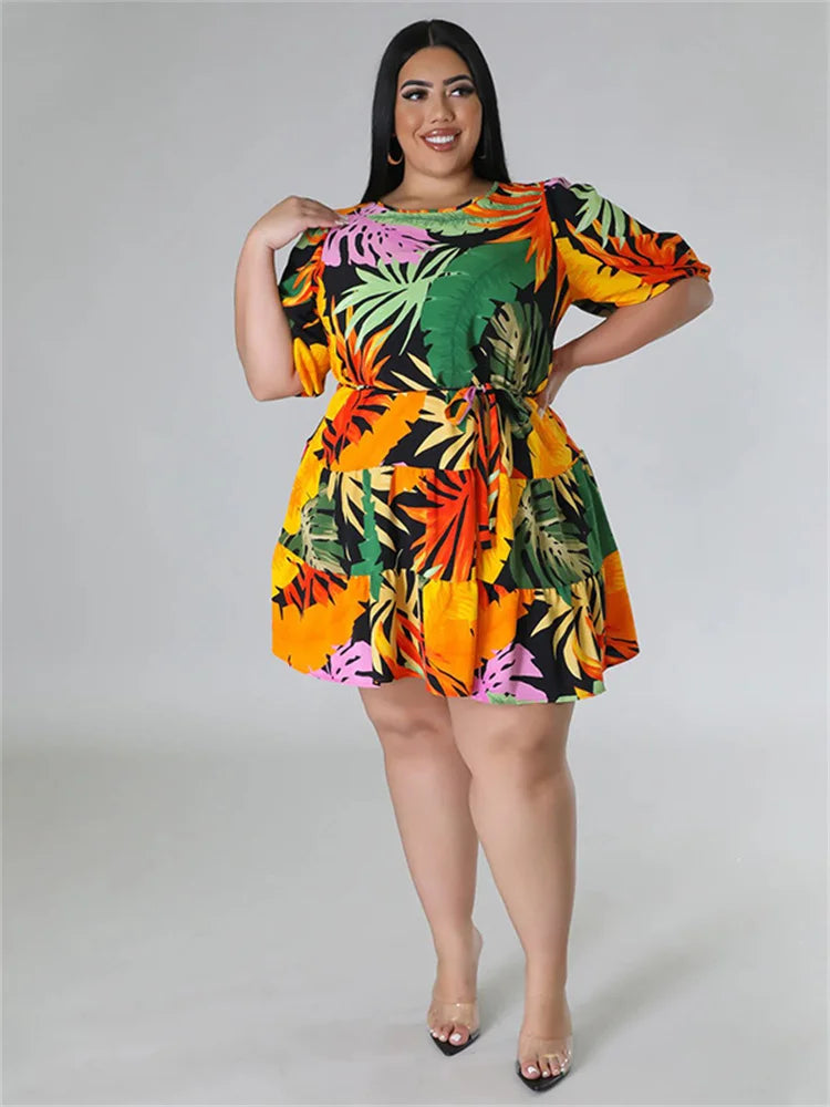 Wmstar Plus Size Dresses for Women Floral Printed Elegant Mini Dress New In Summer Clothes Wholesale Dropshipping with Bandage