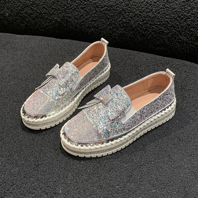 Maxy Fashion Women Shoes Shining Rhinestone Loafer Bowknot Slip-on Thick Botton Casual Ladies Crystal Female Platform Sneakers Sports