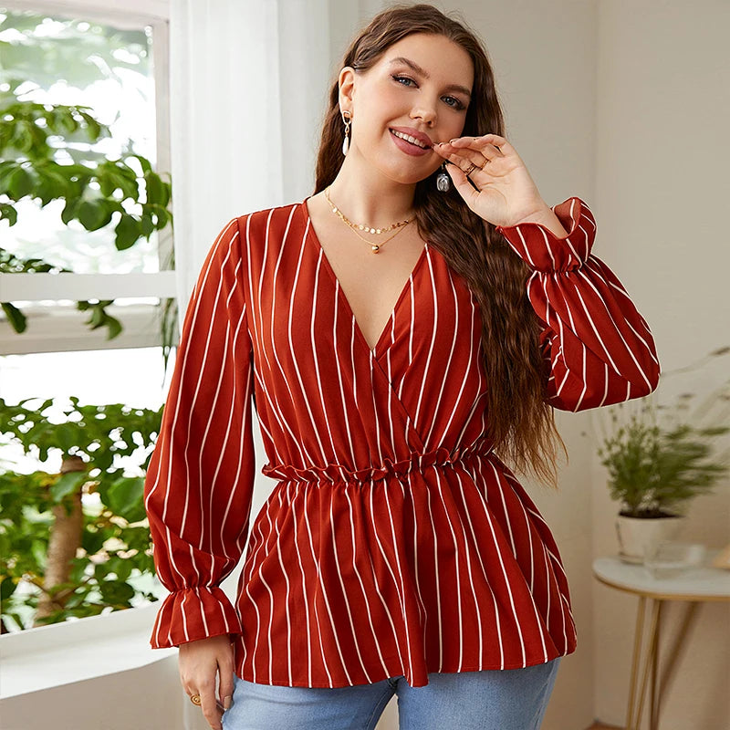 Maxy Women Plus Size Vintage Long Sleeve Tops Striped Print Wrap V-Neck Loose Ruffles Elastic Waist Peplum Blouses 3XL 4XL