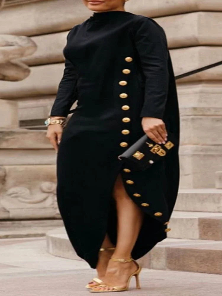 Maxy Beauty blue Women Plus Size L-5XL Black Dress Casual Asymmetric Buttoned High Neck Split-Side Curve Llothing Female Maxy Dresses