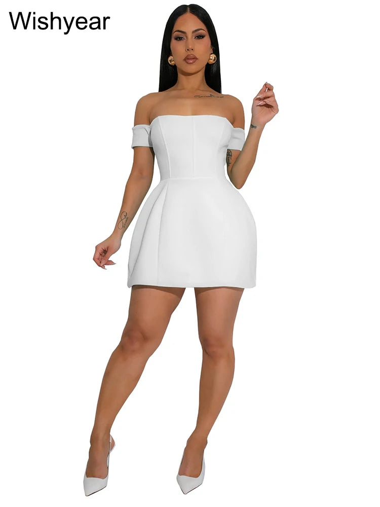 Maxy Wish year Solid Off Shoulder Backless Sleeveless A-Line Mini Dresses Elegant Sexy Bodycon Evening Party Birthday Prom