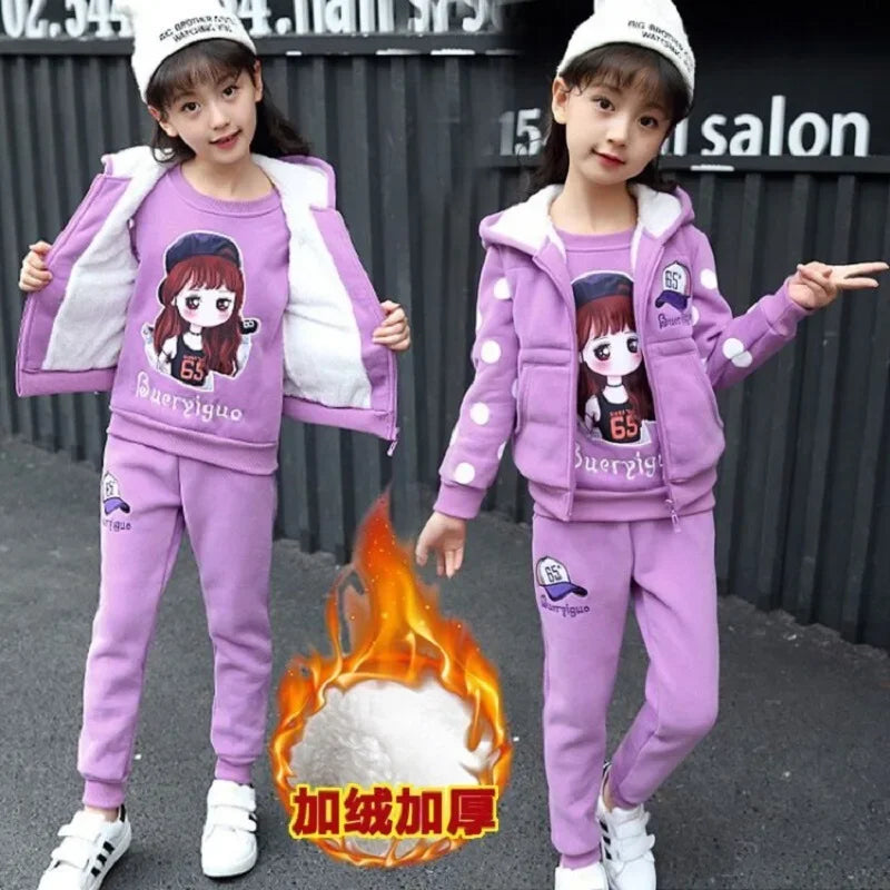 Visco Girls Children's Winter Thick Velvet Warm Clothing Set 3Pcs Kids New Casual Tracksuit Children's Sportswear Suit 4-13 Years