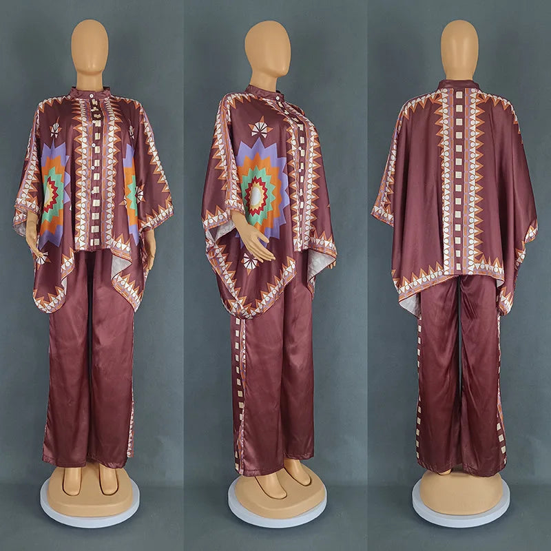 Maxy 2 Piece African Clothes for Women Outfits Summer African 3/4 Sleeve O-neck Print Top Pant Matching Sets Africa Clothing