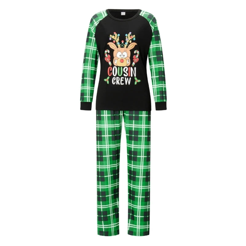 Festival Family Pajama Set with Deer Letter Print Long Sleeve Top and Plaids Bottom Pants Christmas Loungewear Sleepwear