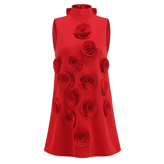 VC High Neck Appliques Flower Mini Loose Rose Dress Red Sleeveless Structure Floral A Line Evening Party Celebrity Gowns