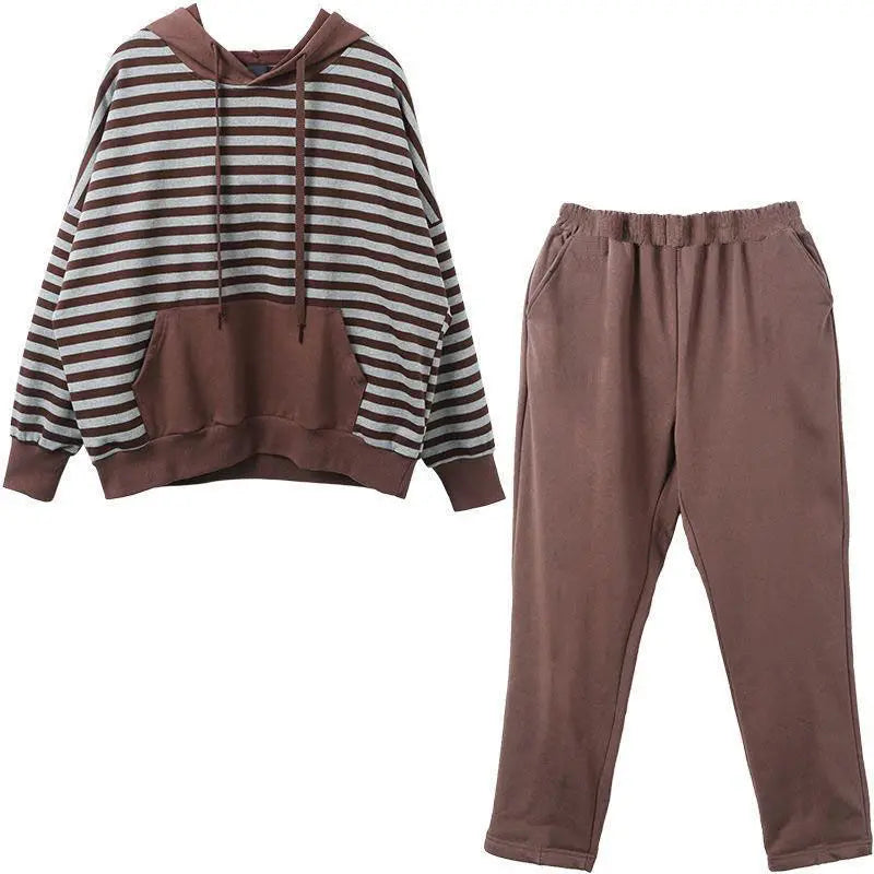 Maxy Spring Casual Loose Striped Hooded 2 Piece Sets Sweatshirt And Harem Pants Tracksuit Oversized 4XL Korean Sweatsuit Women Outfit