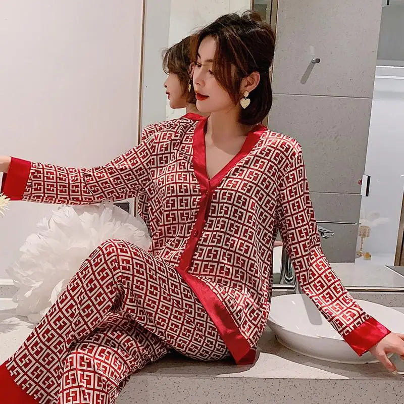 Maxy Pajamas Suit Women Satin Print Nightwear Casual 2PCS Pajama's Set Sleepwear V-Neck Intimate Lingerie Nightgown Comfy Home Wear