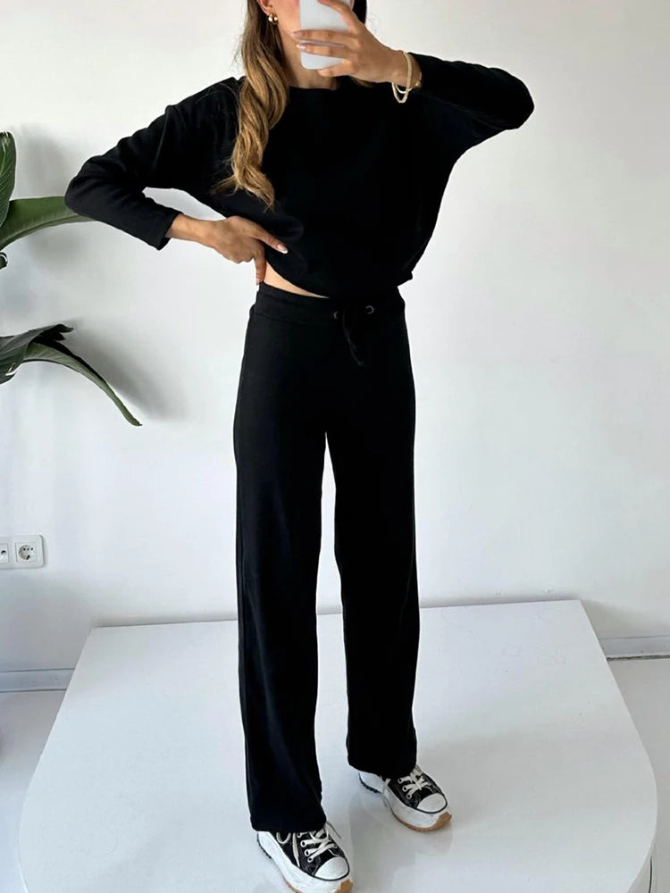 White Women's Tracksuit with Long Sleeve T-shirt 2024 Spring Wide Leg Trousers Two Piece Set Knitted Suits for Women O-neck Tees