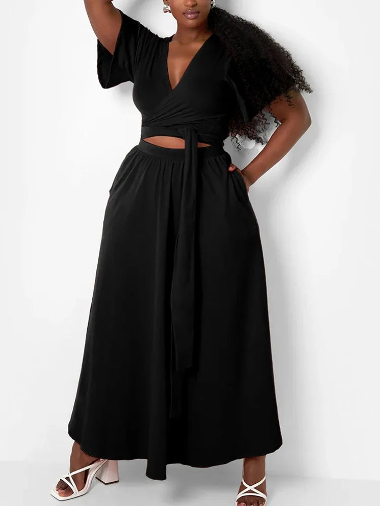 Maxy Two Piece Set Plus Size Clothes Spring Summer V-Neck Short Sleeve Top Maxy Skirt Women Sets Streetwear Casual Office Lady Suit