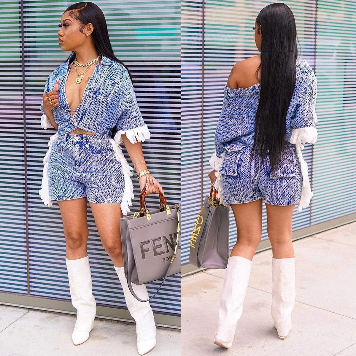 Maxy Sexy Denim Coats Jean 2 Piece Matching Pant Set Outfits Summer Women Clothes Y2K Shorts Suits Sets Cropped Jacket Tracksuit