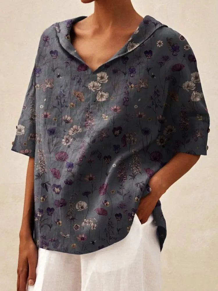 Maxy Women's Loose V-Neck Cotton Linen Shirt, Casual Elegant Summer Blouse Office Wear