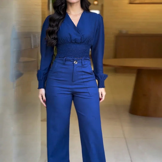 Maxy Women Two Piece Set Summer Casual Solid V Neck Long Sleeve Pleated Nipped Waist Top Loose With Wide Legs Pants Sets
