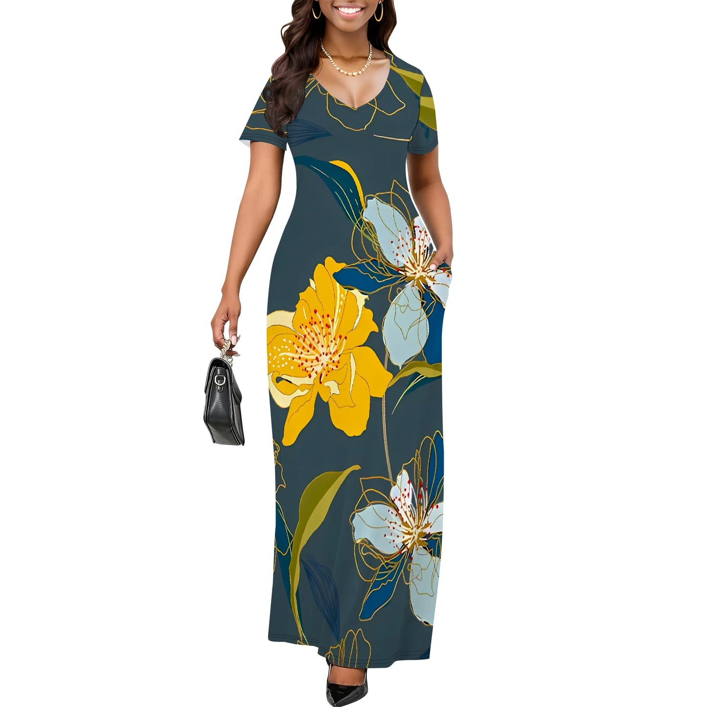 Maxy Women's Multicolor Floral Print Maxy Short Sleeve V Neck Long Dress Casual Summer Beach Holiday Wear