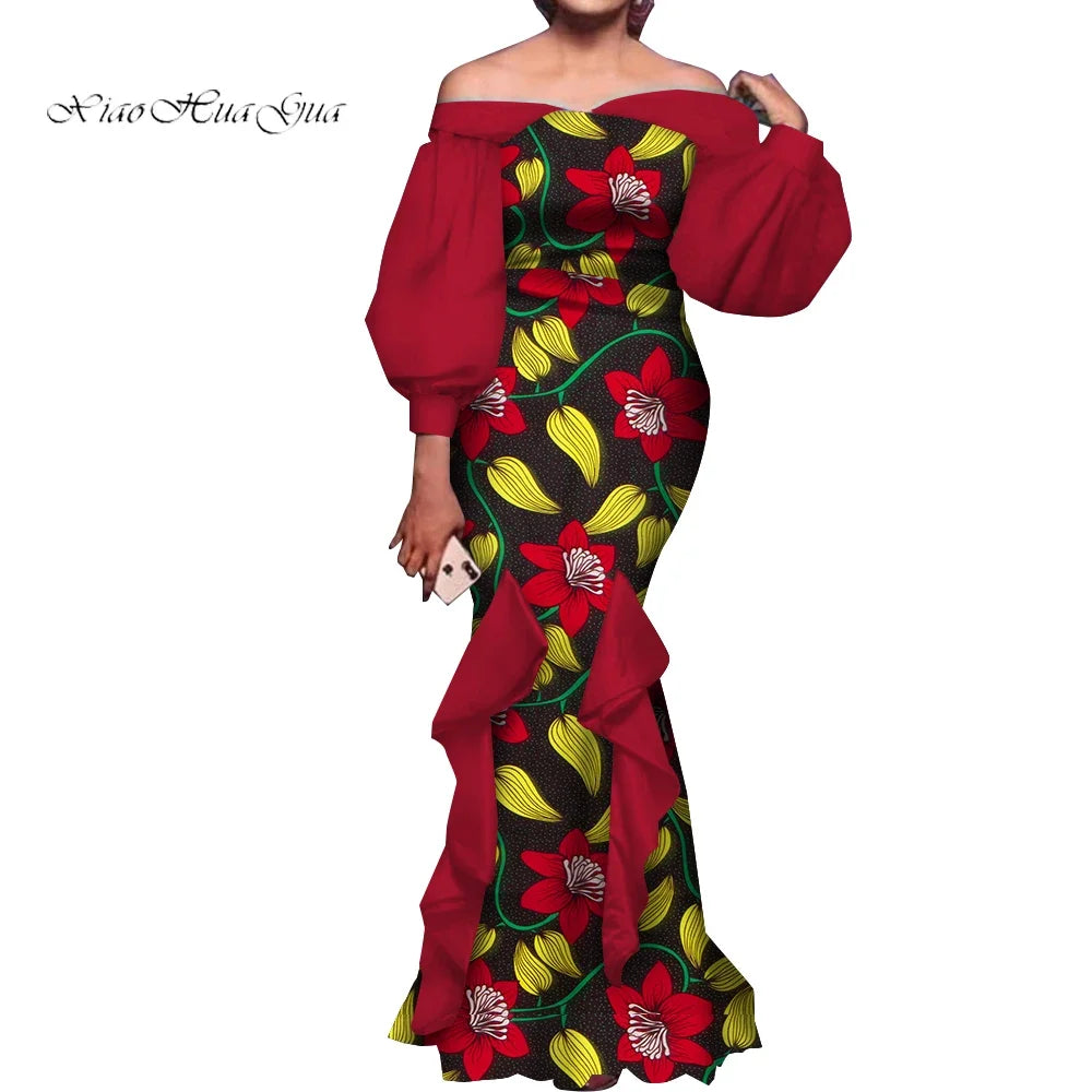 Amay Fashion Women Ankara Dresses Flash Neck Puff Sleeve Long Dress African Dress Robe Africaine Femme Evening Mermaid Dress WY1848