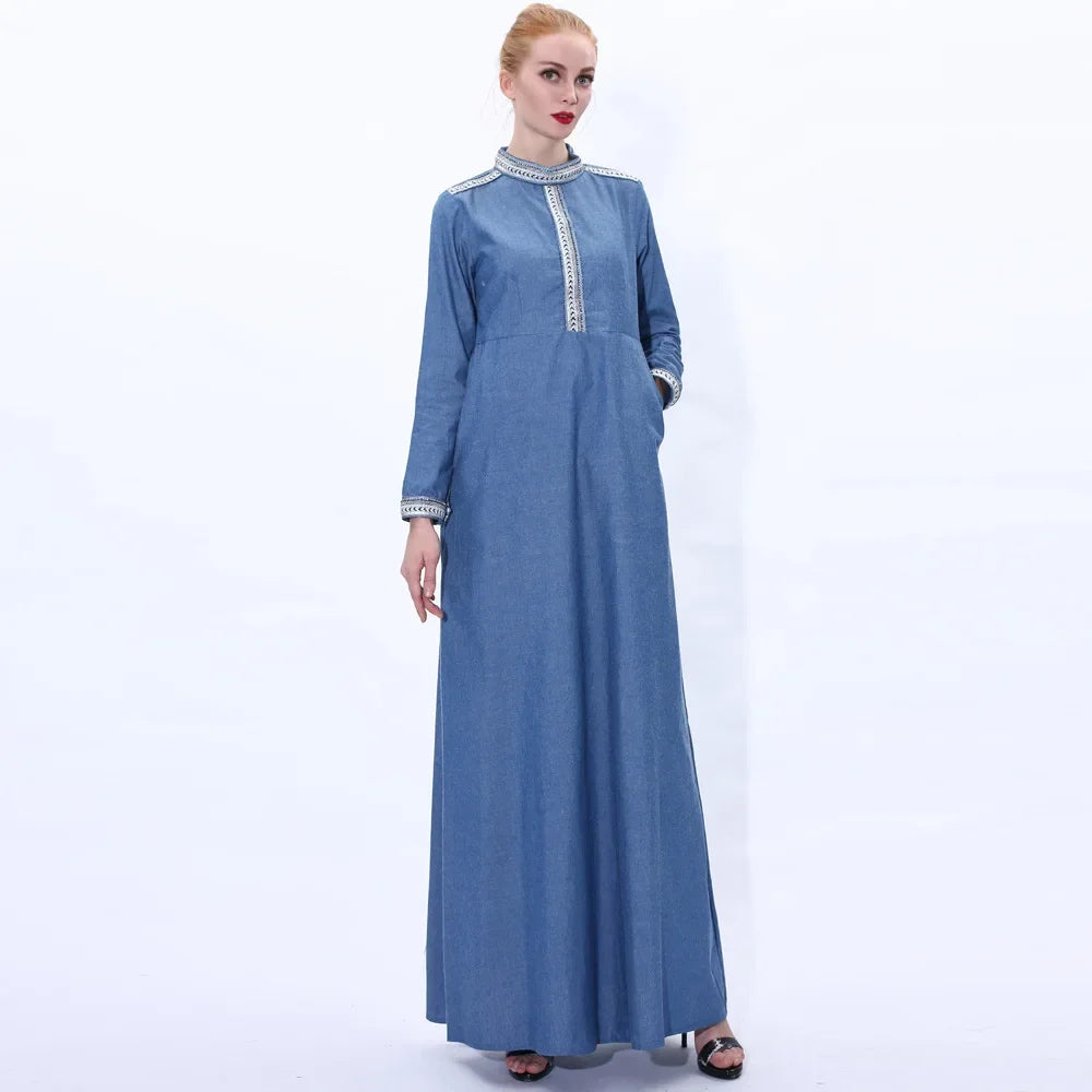 Maxy New Women Denim Long Dress Abaya Muslim Dubai Kaftan Islamic Robe Turkish Caftan Vintage Party Gown