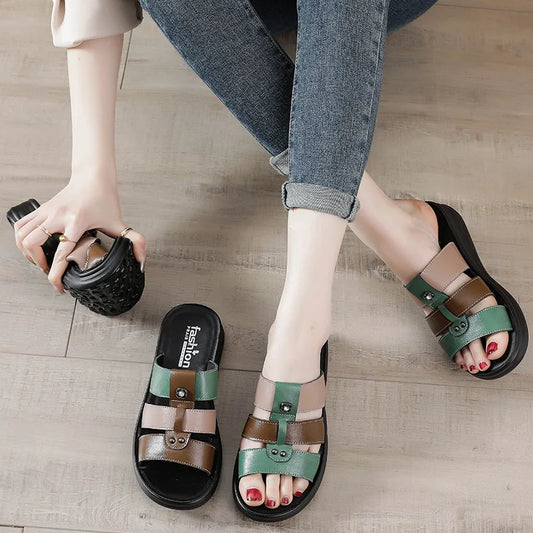 Maxy New Women slippers Summer and Slope Heels shoes woman Genuine Leather Woman Sandals Open Toe Ladies Slippers