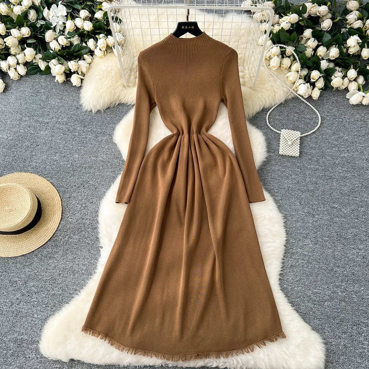 Maxy Chic Women Two-Piece Sets Basics O-neck Single Breasted Vest and Slim Long Sleeve Knit Dress French High Street Winter Clothing
