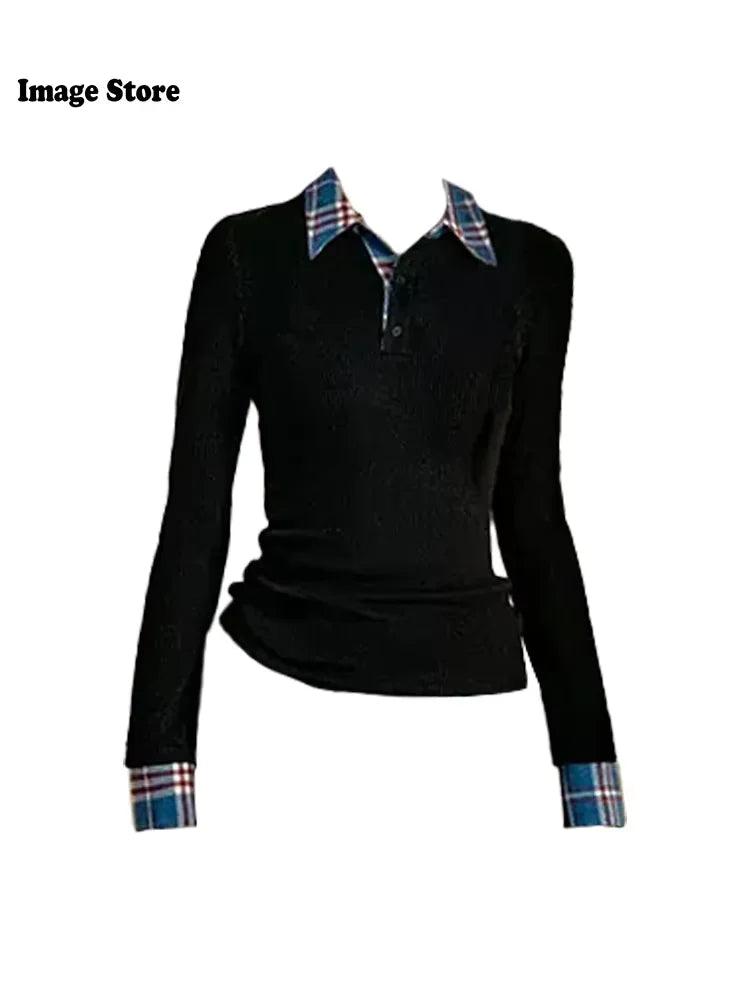 Maxy Autumn Women Old Money Vintage Y2k Fake Two Pieces T-Shirts Long Sleeve Polo Collar Tees Chic Top 2000s Aesthetic Grunge Tide