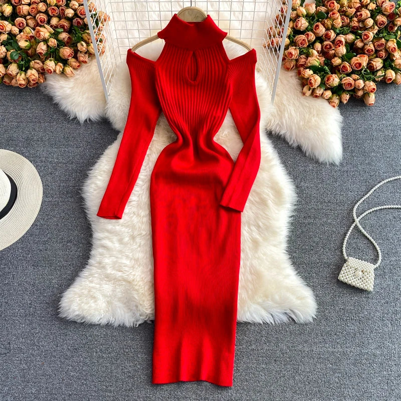 Maxy Vintage Elastic Knitted Dress For Women Autumn New Stand Collar Off Shoulder Slim Wrap Hip Dresses Simple Elegant Long Vestidos