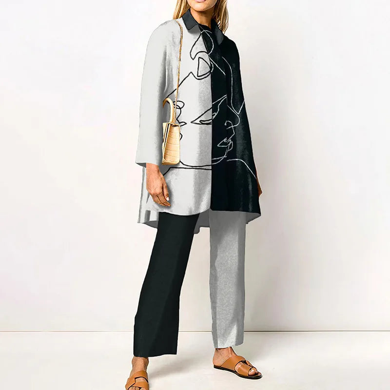 Maxy Autumn New Loose Vintage Printed Pant Sets Women Long Sleeve Shirts And Wide Legs Trousers Two Piece Set Fashion Streetwear