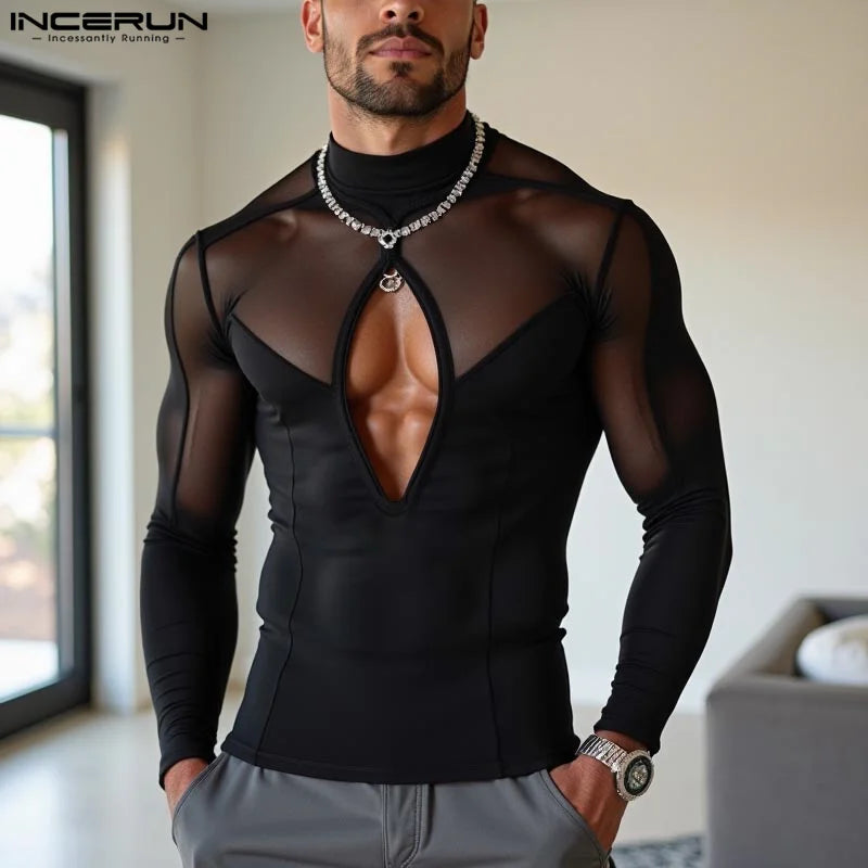 Amay Handsome Mesh Splicing T-shirt Men Long Sleeve Stand Collar Camasta Solid Color Fashion Hollow Design Knitted Tops