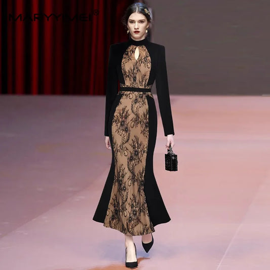 Amay Autumn and Winter Women's Dress Stand collar Long-Sleeved High waist Hollow Out Pretty Slim-Fit Hip Wrap Mermaid Dress