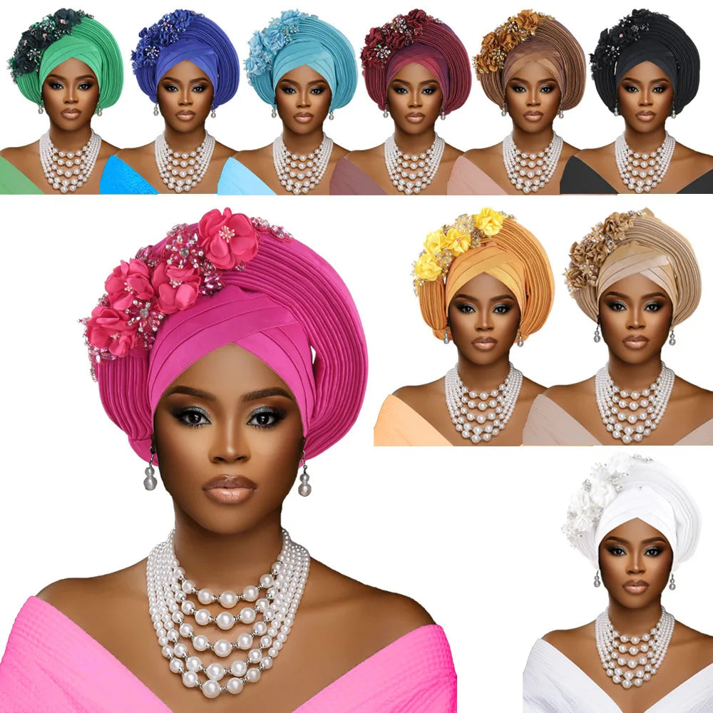 Maxy Fashion African Head tie Turban Nigeria Head Ties Flowers Already Made Auto Gele Women Head Wraps for Wedding Party Headpiece New
