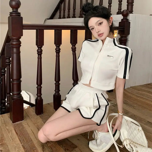 Women Suit Shorts Set White Hottie Age Reduction Splicing Short Sleeved T-shirt Summer Fashion High Waisted Motion Leisure