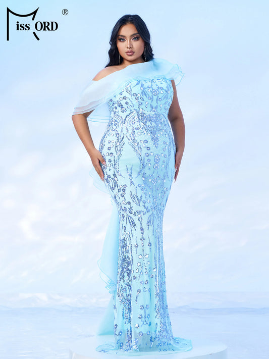 Missord Blue Plus Size Church Dress Asymmetric Sequin Mermaid Evening Gown Wedding Birthday Party Formal Occasion Dresses