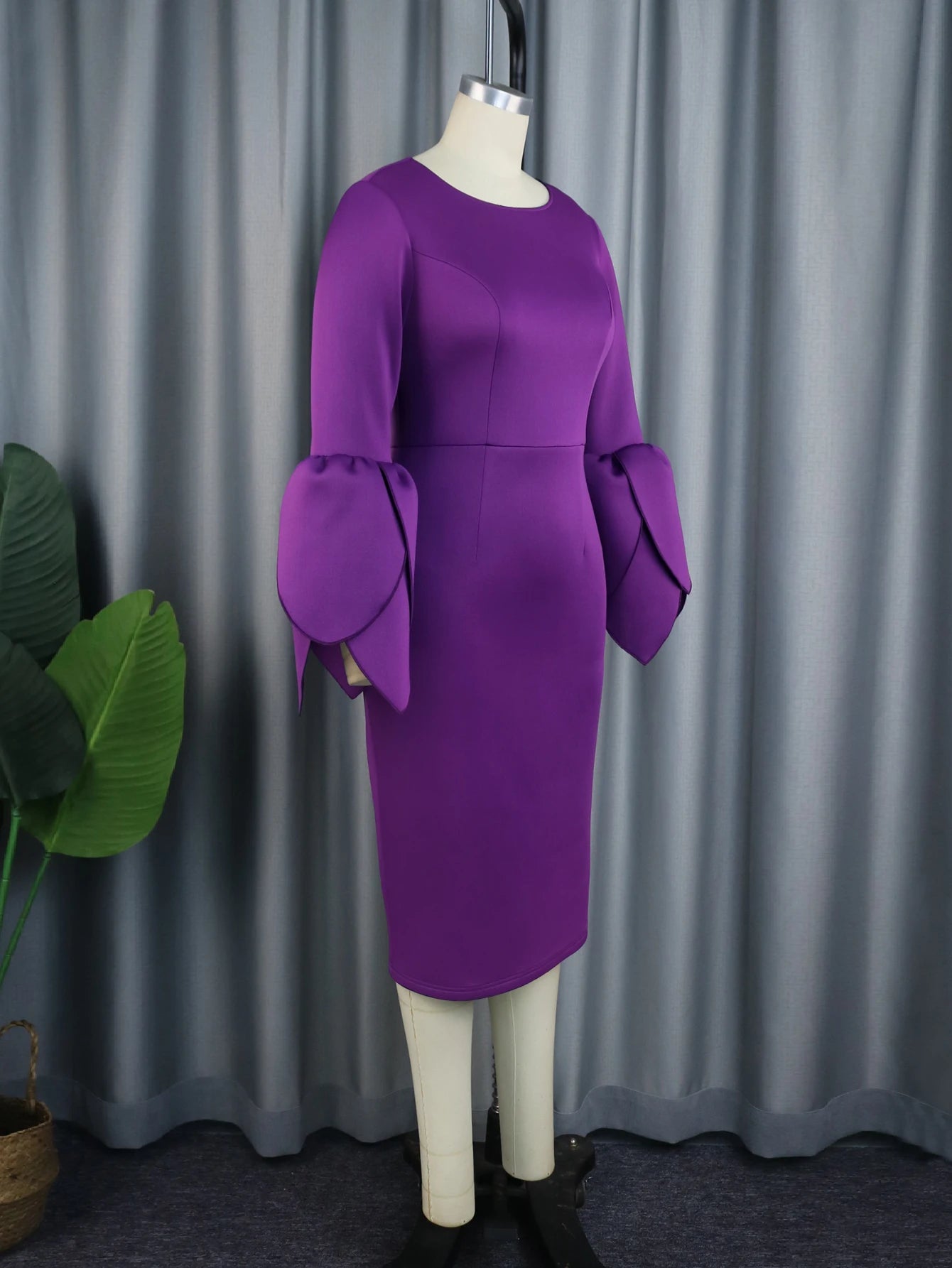 Maxy Purple Midi Dresses for Women Plus Size O Neck Long Ruffles Sleeve Elegant Formal Occasion Birthday Wedding Guest Evening Gowns