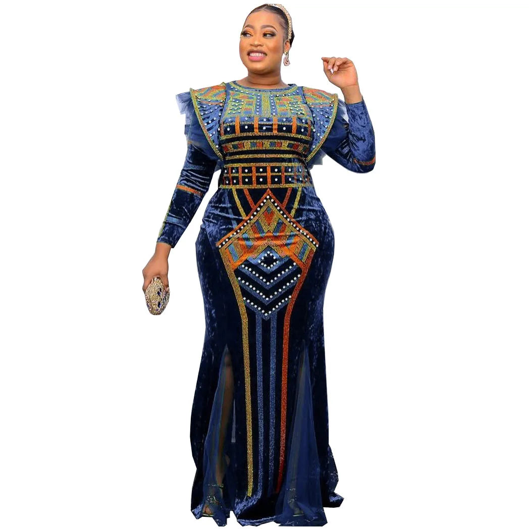 New Winter Women Bazin Rich African Ethnic Printed Rhinestone Dress Autumn Velvet Fashion Exotic Party Maxi Dresses For Women