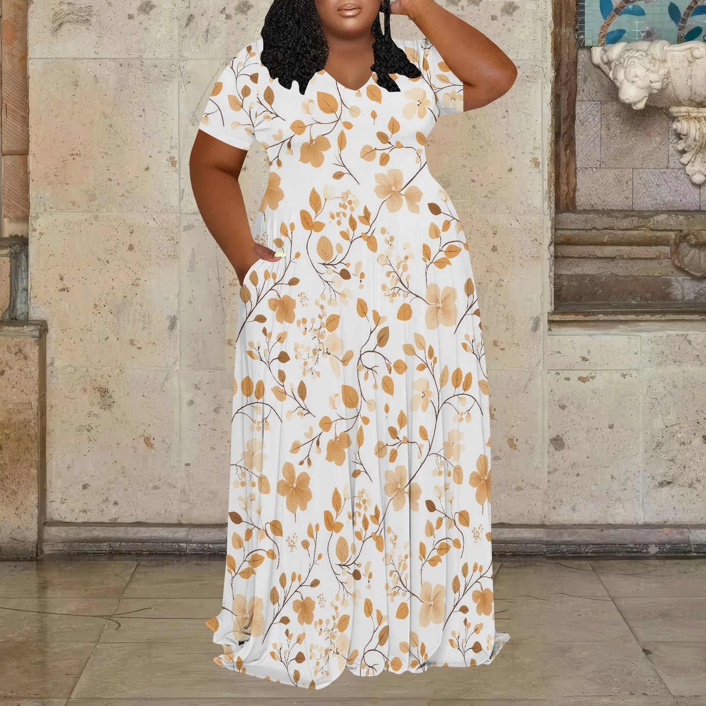 Amay Plus Size Dress for Women Casual V Neck Short Sleeve Empire Waist Maxy Dress Loose Oversize Flowy Long Dress with Pockets