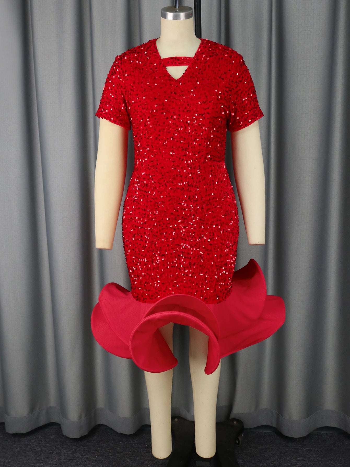 Red Sequins Ruffles Dresses Short Sleeve Cut Out V Neck High Waist Bodycon Package Hip Evening Birthday Banquets Women Outfits