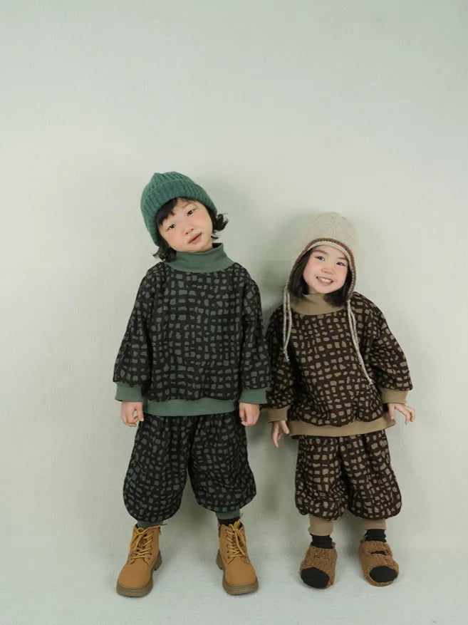 Babs Winter New Children Fleece Plaid Sweatshirt Set Corduroy Boys Girls Plus Velvet Thick Lantern Pants Warm Suit Kids Outfits